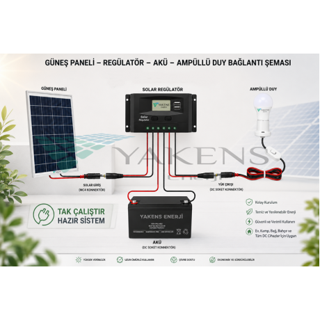 12W Güneş Enerji Sistemi Seti – Telefon Şarjlı Taşınabilir Solar Aydınlatma Paketi | 7Ah Akü + 10A Şarj Kontrol Cihazı + 2 LED Ampul